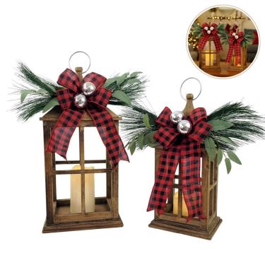 Imagem de Kit 2 Lanterna Decorativa Natal Laço Xadrez Madeira Vela Led