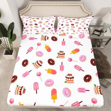 Imagem de jejeloiu Jogo de lençol solteiro de sorvete, cupcakes e doces, 2 peças, 1 lençol com elástico + 1 fronha (sem lençol de cima)