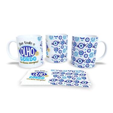 Imagem de Caneca Evil Eye Proteção, Porcelana Branca com Olho Grego Azul, Design Místico com Padrão de Amuletos, Livrai-me de Todo o Mal (17362)