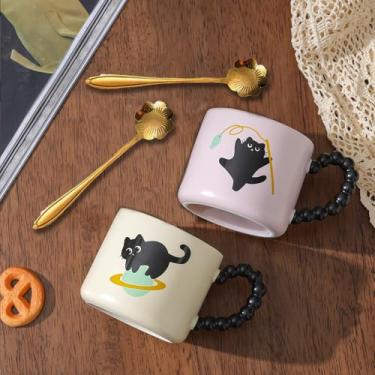 Imagem de TRUSTABOGE Caneca de café fofa - Conjunto de 2 canecas de cerâmica - Copos de porcelana para gatos com alça e colheres, caneca de latte, caneca grande para mulheres, homens, ótima para chá, chocolate