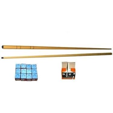 Imagem de Kit 2 Taco Pequeno 1 M + 1 Dz Giz Azul E 1 Cx Branco Sinuca - Tacoland