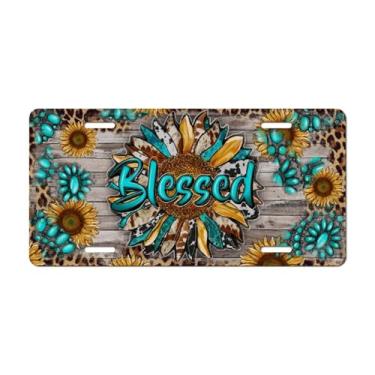 Imagem de Placa de licença feminina Blessed Sunflower – Placa de carro floral rústica azul-petróleo turquesa leopardo – Linda vaqueira ocidental estética decorativa placa frontal para caminhão SUV
