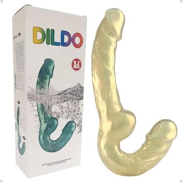 Imagem de Dildo Curvado em Silicone Realístico com Duas Pontas, Textura Flexível, 23 cm de Comprimento Total, Estimulação Intensa – Cor Dourado Cintilante