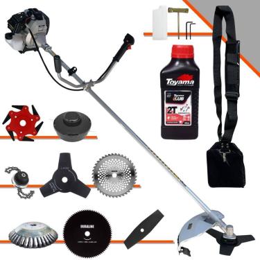 Imagem de Roçadeira Robusta Toyama TBC43H À Gasolina 2T 43cc 1,7HP Com Sistema Anti-Vibração Completa Com Carretel Nylon + 7 Lâminas de Corte + ÓLEO TOYAMA FG50