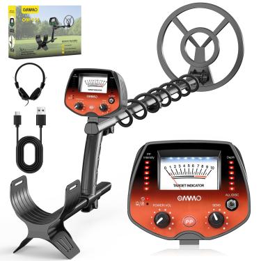 Imagem de OMMO Detector de metais, ponteiro de alta precisão, detector de metais para adultos com luz de fundo, bobina à prova d'água de 25 cm, cabo USB, tudo e disco e modo ponto, para detectar moedas de ouro
