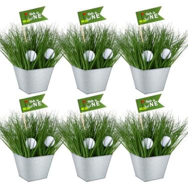 Imagem de Soulchen Kit de decoração de mesa de festa de golfe inclui 6 baldes de ferro, 12 minigolfe 90 grama artificial, 6 bandeiras, peça central para festa temática de aniversário, suprimentos de mesa de