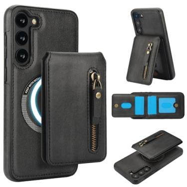 Imagem de Carteira destacável compatível com carregamento sem fio Magsafe para Samsung Galaxy S25 capa com suporte para cartão, bolso com zíper, suporte 2 em 1 capa à prova de choque (preto)