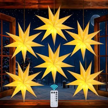 Imagem de Hiboom Pacote com 6 lanternas de papel estrela 61 cm, 8 modos 50 LEDs fogos de artifício cordão de luzes de fada, luzes de nove pontas com estrelas vazadas para pendurar decoração para quarto interno