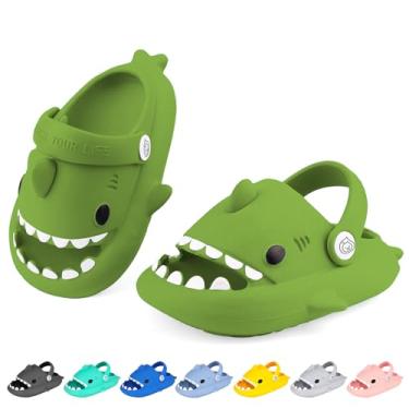 Imagem de LUYOO Chinelos infantis com nuvem de tubarão | Sandálias para meninos e meninas | Chinelos de praia infantis | Chinelo de peixe juvenil para banho de piscina, (alça) verde escuro, 11.5-12 Little Kid