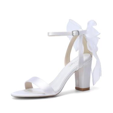 Imagem de HAULSAIL Sandálias femininas de salto branco com laço, salto pérola, sapatos de casamento para noivas, Branco, 37