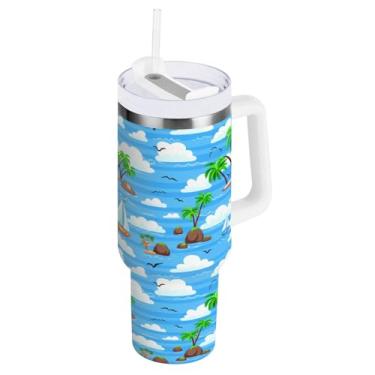 Imagem de Blueangle Copo isolado de 1,134 g com alça e tampa de canudo - Caneca de viagem de aço inoxidável à prova de vazamento, garrafa de água de coco tropical a vácuo de parede dupla (506)