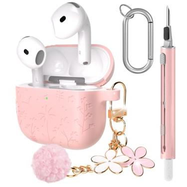 Imagem de Seltureone Capa fofa compatível com AirPods 4 com chaveiro de flor de cerejeira e kit de limpeza, capa de silicone macio à prova de choque com gravação de flores compatível com AirPod 4 - Rosa
