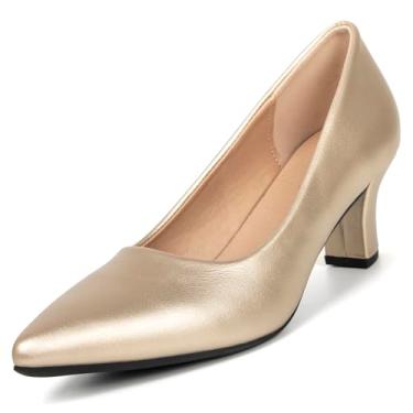 Imagem de qibusleen Sapato feminino elegante salto gatinho curto fechado bico fino bloco baixo sem cadarço para mulheres confortável trabalho escritório festa formal sapatos bomba 2,3 polegadas, Dourado, 40