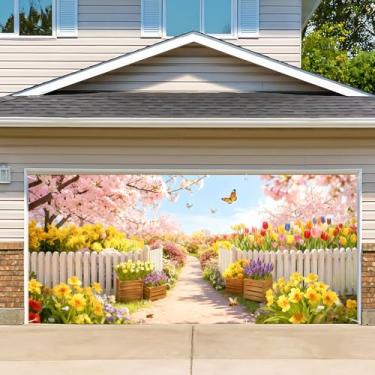 Imagem de Capa de porta de garagem de aniversário, cenário fotográfico de faixa de feliz aniversário, fundo de festa para decoração de parede interna e externa (flor de primavera, 1,8 x 3 m)