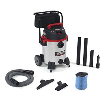 Imagem de RIDGID Aspirador de pó seco e úmido de aço inoxidável 50353 1610RV, 50353 1610RV, com carrinho, motor de pico de 6,5 HP, rodas grandes, mangueira Pro, drenagem, porta do soprador