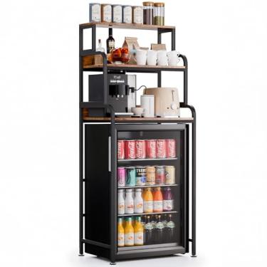 Imagem de HAAYOT Mini suporte de geladeira com armazenamento: rack de padeiro de 4 camadas e suporte de micro-ondas, converte em 2 prateleiras separadas, para cozinha, escritório, dormitório, café, bar, marrom