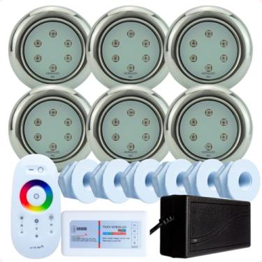 Imagem de Hidraled Kit Iluminação LED RGB para Piscina, 6 Refletores 9W Inox Mini, 6 Nichos para piscina de Fibra, Controle Remoto Touch