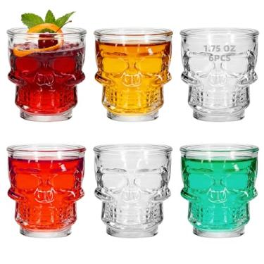 Imagem de REUJIHXY 6 peças de copo de shot de 50 ml, conjunto de copos de base pesada com cara de caveira, copo de uísque perfeito para degustação de vinho, tequila, atirador, despejador de coquetel, copos de