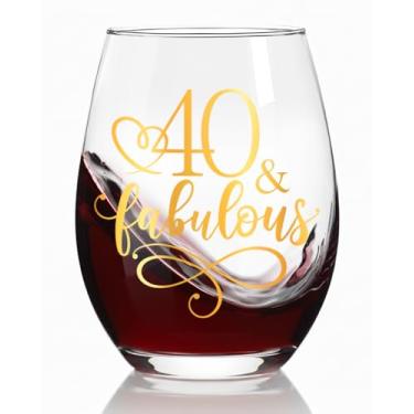 Imagem de Ymzkpoa Presentes de aniversário de 40 anos dourados para mulheres, mãe, esposa, amigas, irmã, 40 e fabulosa taça de vinho sem haste, suprimentos para lembrancinhas de festa de feliz aniversário