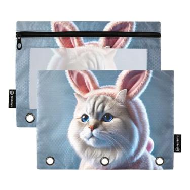 Imagem de Cute Kitten Bunny Cat 3 argolas fichário bolsa de lápis com zíper bolsa de lápis caneta fofa escolar transparente fichários bolsos meninas 25 x 18 cm, 2 pacotes