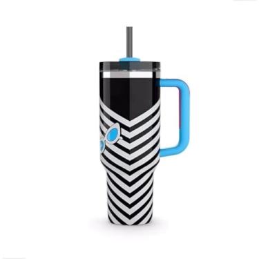 Imagem de Garrafa térmica de aço inoxidável rosa com boneca, 1200 ml, com tampa e canudo personalizável (Preto com branco)