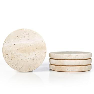 Imagem de HAMAKAWA Conjunto de porta-copos de mármore de 4, porta-copos de pedra bege natural 10 cm, pedra de bebida travertino redondo moderno para decoração de casa, mesa de centro, escritório