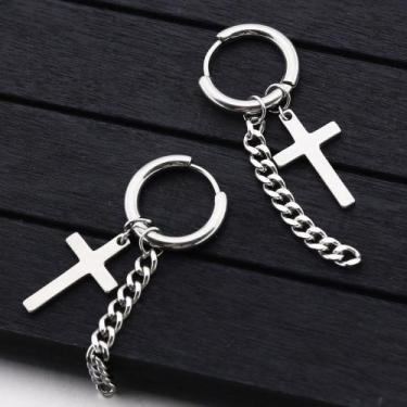Imagem de Par Brinco masculino de cruz crucifixo argola em aço inox prata pratea