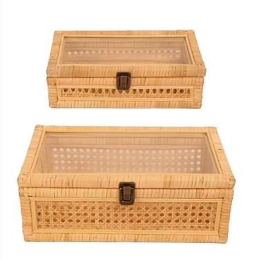 Imagem de UoeRing Caixa decorativa de vime com tampa, visor de vidro, retangular, conjunto de 2 caixas decorativas de tecido, vime grande para decoração