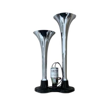Imagem de Buzina a Ar para Carros e Caminhões 12v Universal 2 Cornetas Cromadas Automotivas Eletropneumáticas Com Válvula Elétrica VETOR