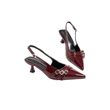 Imagem de Floerns Sapato social feminino de salto gatinho bico fino com fivela e tira na parte de trás, Borgonha, 39