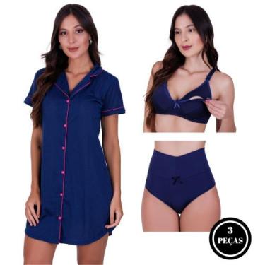 Imagem de Combo Camisola Blogueira Botões+Sutiã Amamentação+Calcinha Pós Parto T