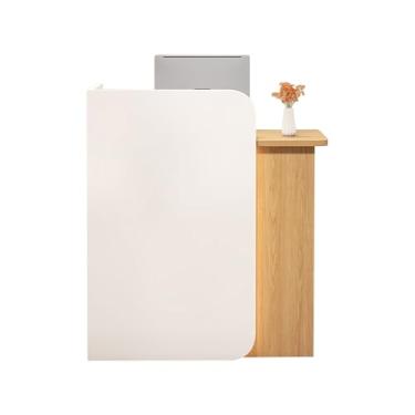 Imagem de Mesa de recepção com balcão, mesa frontal moderna equipada com gaveta, para caixa, mesa de recepção de madeira, balcão de recepção para loja de conveniência (natural, 100 x 45 x 100