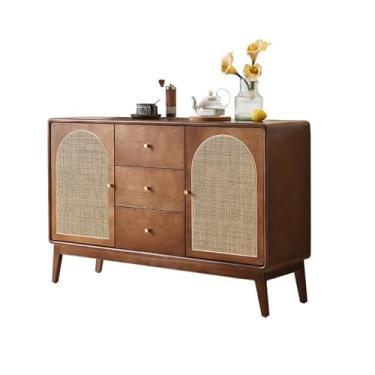 Imagem de VHDY85KA Armário buffet de madeira maciça de vime para uso doméstico, sala de estar, armário de duas portas com gavetas, armazenamento