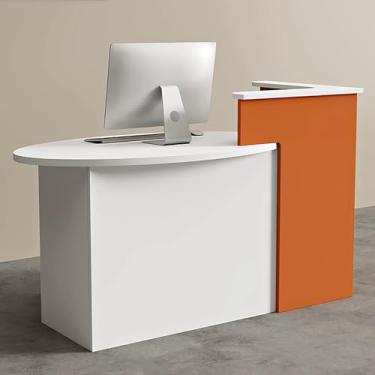Imagem de Mesa de recepção moderna com gaveta com trava e armário de armazenamento, balcão de recepção branco com mesa oval, balcão de caixa de varejo para escritório ou loja de varejo, contagem de 140 cm