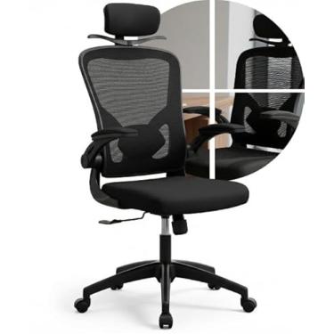 Imagem de Cadeira Presidente Ergonômica Giratória Preta para Escritório com Encosto em Tela, Apoio de Cabeça, Braços Reguláveis e Cabide para Roupa