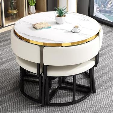 Imagem de Mesa de jantar de negociação de recepção de 89,9 cm, mesa redonda de clube e mesa de conferência, 1 mesa 4 cadeiras, móveis que economizam espaço, para lounge, sala de estar, cozinha (branco)