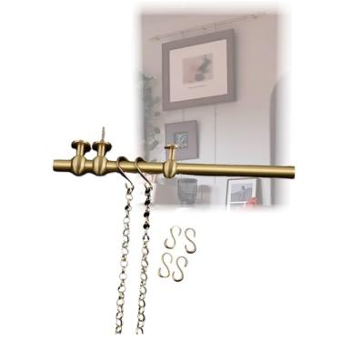 Imagem de Vinta Brass Ture Rail Hanging System, faixa de exibição de arte montada na parede para obras de arte, fotos, espelhos - ganchos de corrente decorativos, solução de decoração de casa de 130 cm/51,18