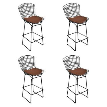 Imagem de Kit 4 Banquetas Alta Bistrô Bertoia Preta D60 Com Assento Marrom