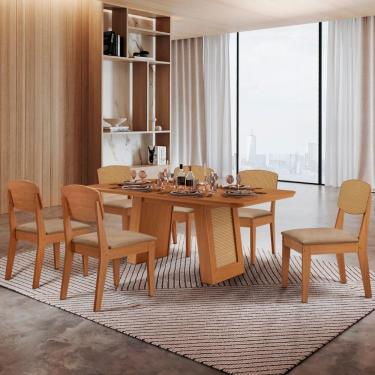 Imagem de Mesa Carolina 180 Tampo Mdf 6 Cadeiras Moderna Mobilia Veludo Creme / Naturalle/naturalle/palha