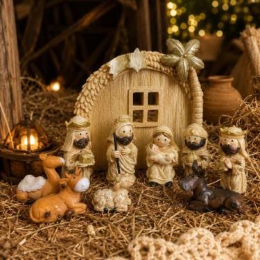 Imagem de Presépio Infantil 10 Peças Resina com Estábulo 8cm Decoração Natal 163
