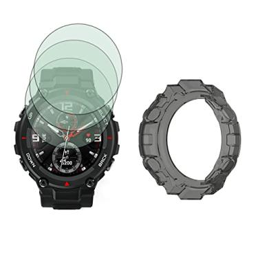 Imagem de Protetor de tela de relógio (3 + 1 pacote) compatível com Amazfit T-Rex/T-Rex Pro, filme de vidro temperado antiarranhões de alta definição cobertura total e capa protetora de TPU macio