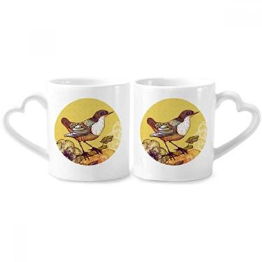 Imagem de Conjunto de canecas de porcelana para casais, flores de pássaro, desenho adorável e coração