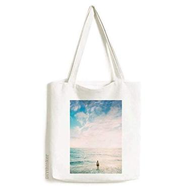 Imagem de Bolsa de lona com imagem do mar e areia do oceano, bolsa de compras casual