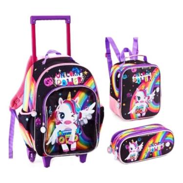 Imagem de Kit Mochila Unicórnio Infantil Feminina Rodinhas Dl1440