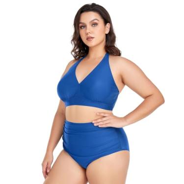 Imagem de Biquíni feminino plus size, cintura alta, 2 peças, frente única, franzido com parte inferior, Azul cobalto, GG Plus Size