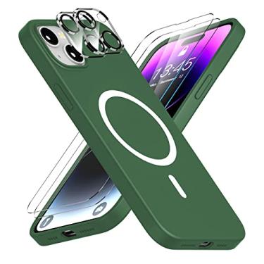 Imagem de jaroco [8 em 1] Capa projetada para iPhone 14 Plus, capa fina de silicone líquido [compatível com MagSafe] [com 2 peças de protetor de tela de vidro + protetor de lente de câmera] capa de telefone à prova de choque - verde alpino