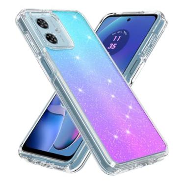 Imagem de Rosebono Compatível com Motorola Moto G Play 2024, capa protetora de TPU gradiente transparente com glitter híbrido brilhante (azul-petróleo/roxo)