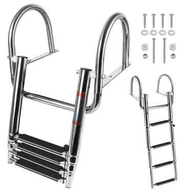 Imagem de Escada de barco para barco de pesca de 4 degraus, escada de doca para lago, aço inoxidável, resistente, com pedal, corrimão de pedal, escada dobrável para barco, iate, piscina