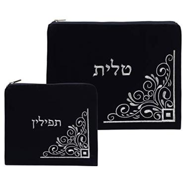 Imagem de Conjunto de bolsas Tallit e Tefillin para xaile de oração, bolsas de veludo com zíper e capa de proteção de plástico, Azul marino, Velvet