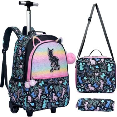 Imagem de Mochila de rodinhas para meninas, linda mochila com rodas, de lantejoulas, mala infantil com lancheira, bagagem de mão com rodas para crianças do ensino fundamental, pré-escolares, material de volta
